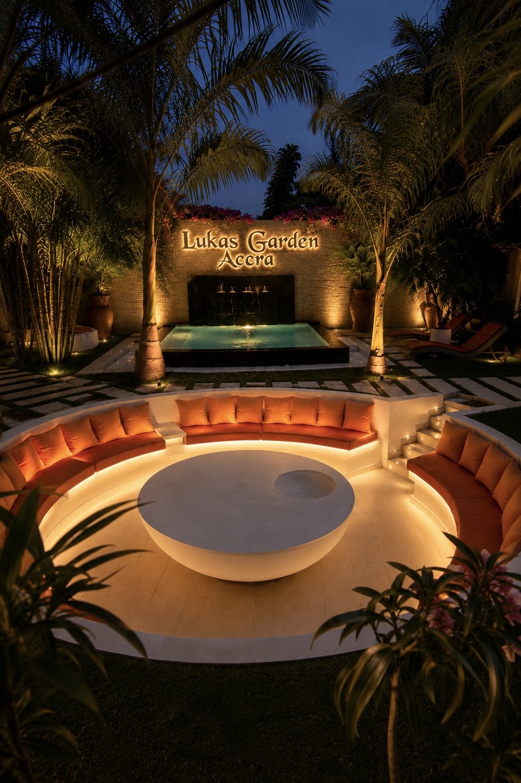 Sunken lounge and water wall glowing warm at night