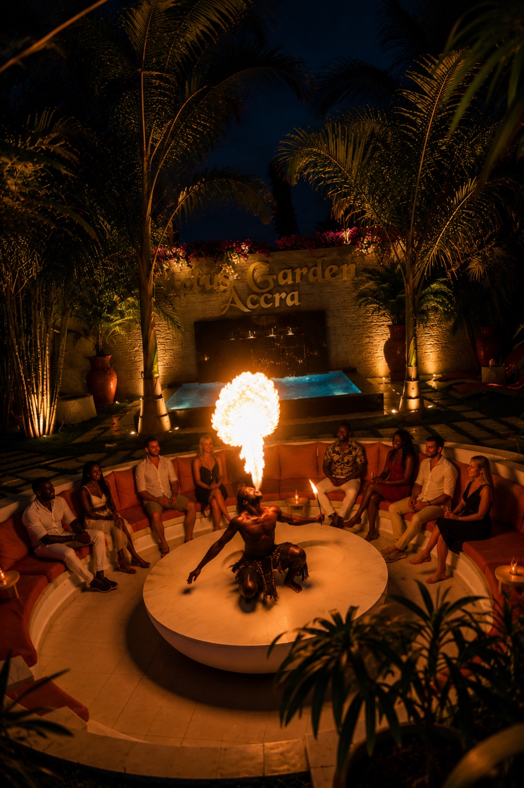Fire performer in the sunken lounge during a private night event