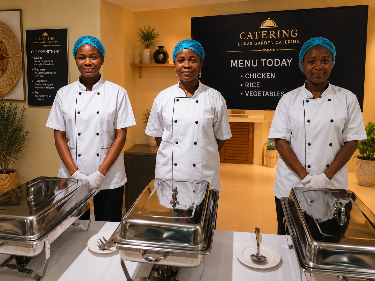 Lukas Garden catering team in chef whites at the buffet stations