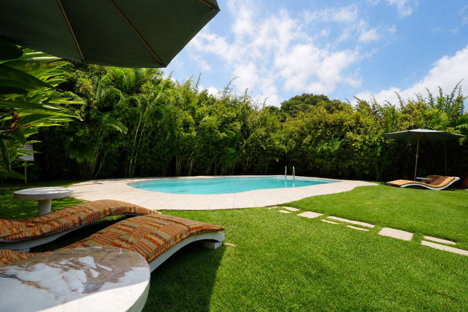 Main pool in daylight framed by bamboo hedge and sun loungers