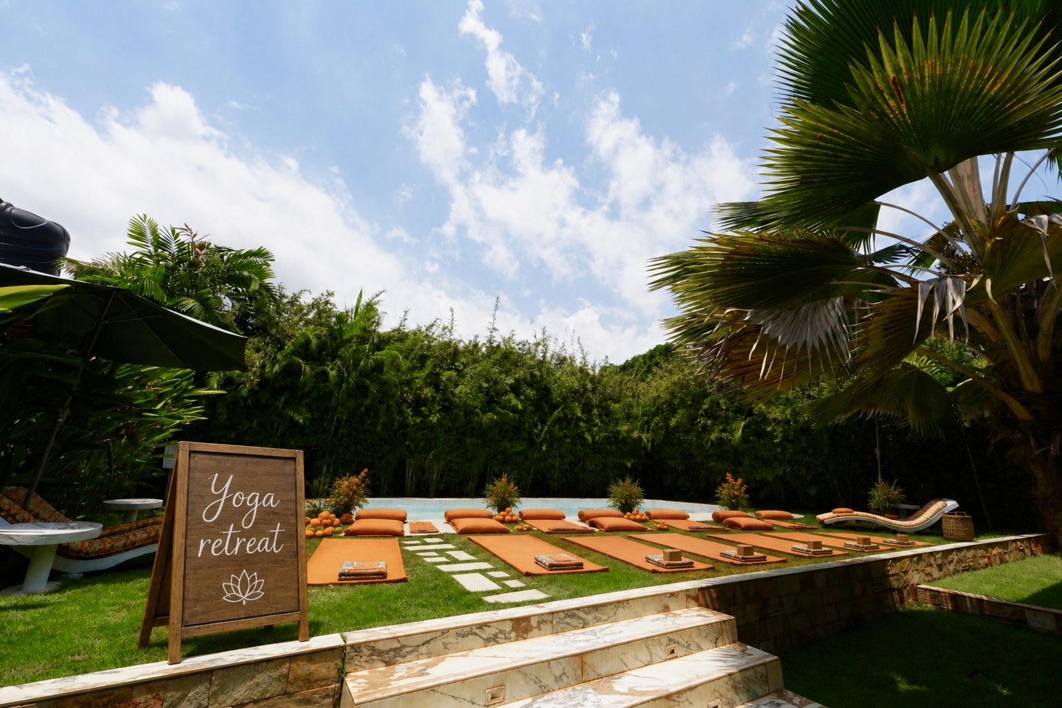Yoga retreat set up on the lawn beside the pool