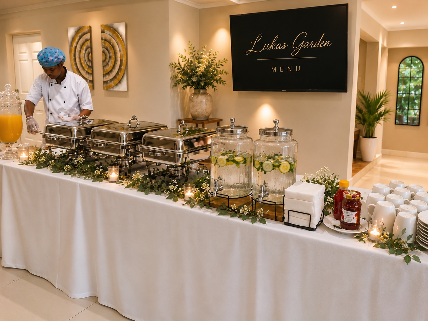 Catering buffet with chafing dishes and Lukas Garden menu screen