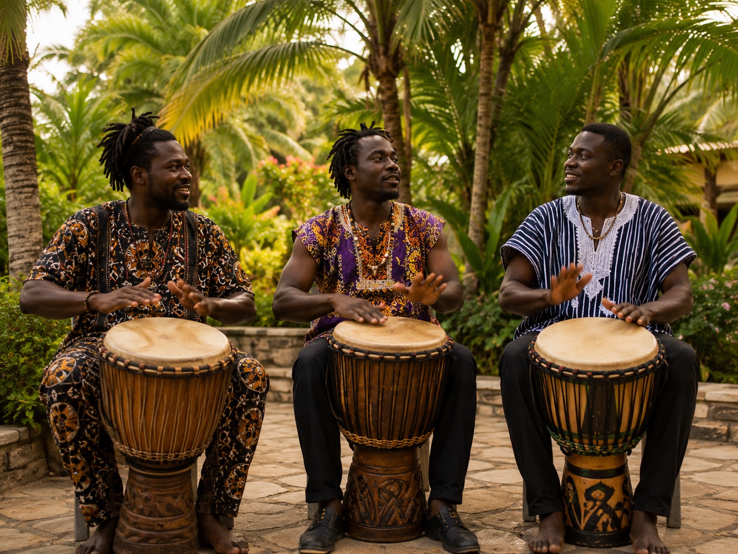 Live drummers performing in the tropical garden