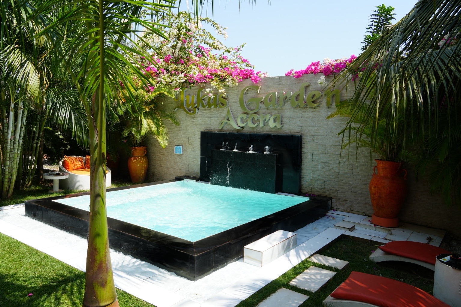 Lukas Garden Accra signature water wall and plunge pool