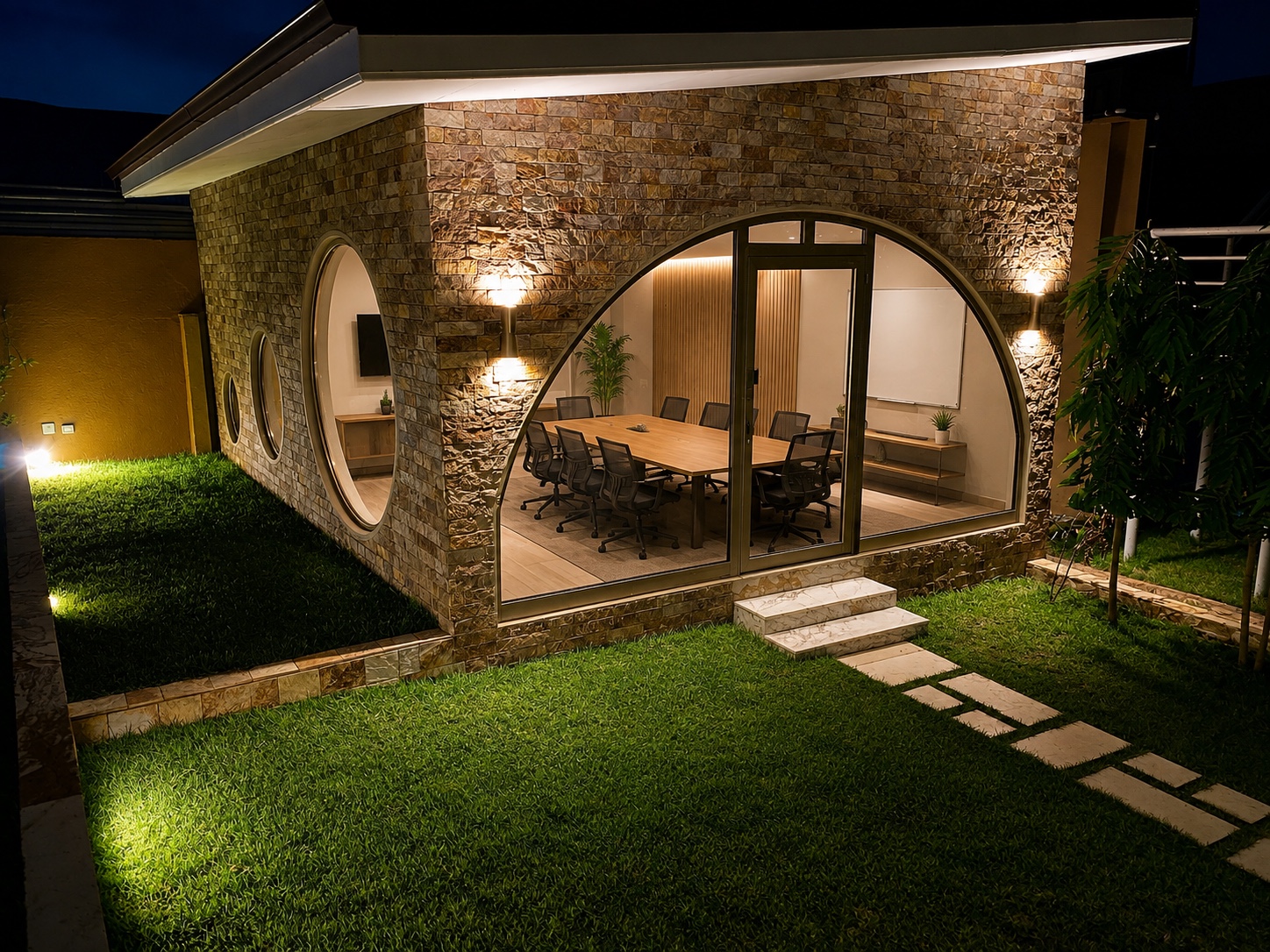 Glass-fronted meeting room lit at night beside the garden