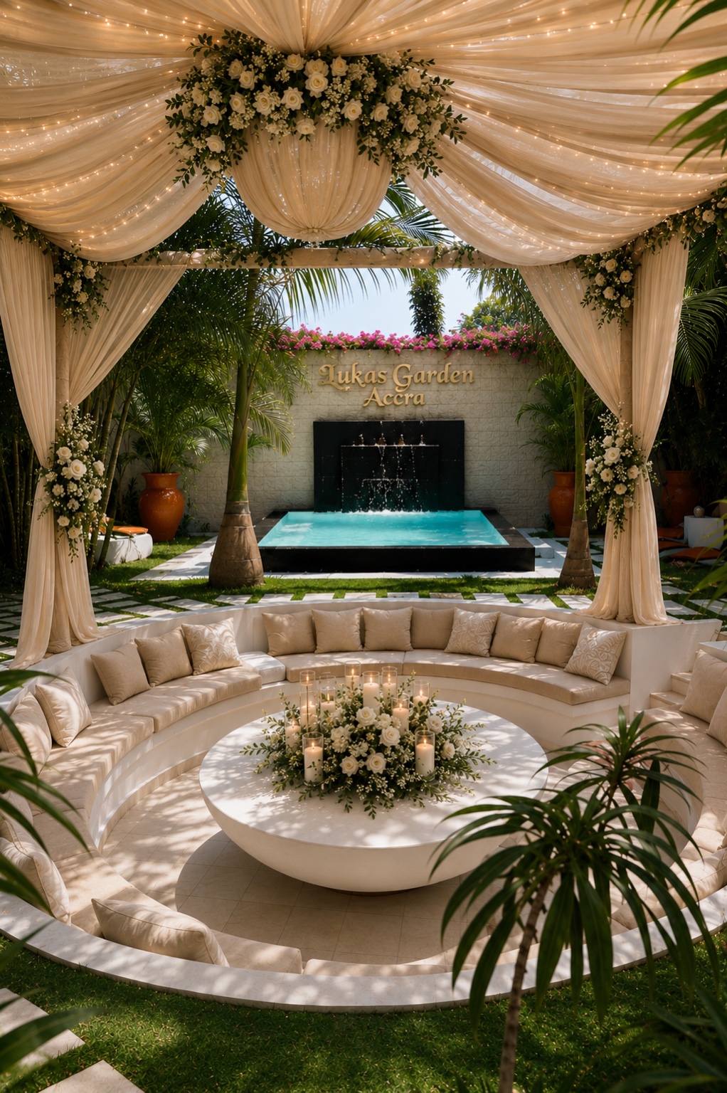 Draped event setup with floral decor overlooking the fountain pool